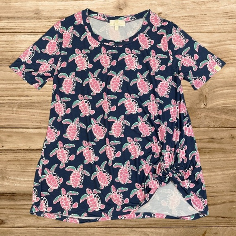 Simply Southern‎ Womens Navy Pink Sea Turtle Side Knot T-Shirt Size M
